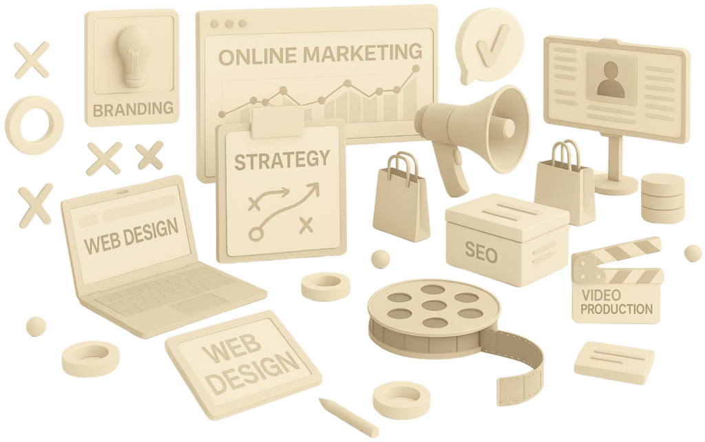 3D rendered image showcasing marketing services like web design, online marketing, branding, SEO, and video production in a beige color palette.